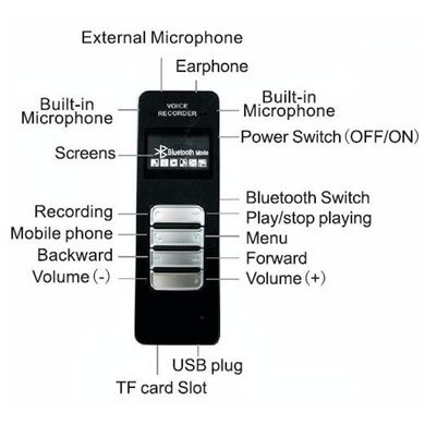 Bluetooth диктофон для записи телефонных разговоров c мобильного телефона HNSAT DVR-188, 8 Гб памяти